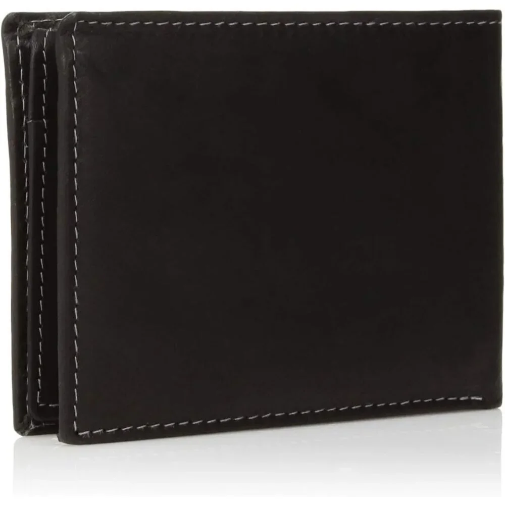 Men's Black Attached Flip Pockets Genuine Leather Wallet Card Extra Capacity